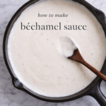 How to make béchamel sauce in a skillet on a marble countertop with a wooden spoon, classic French white sauce recipe