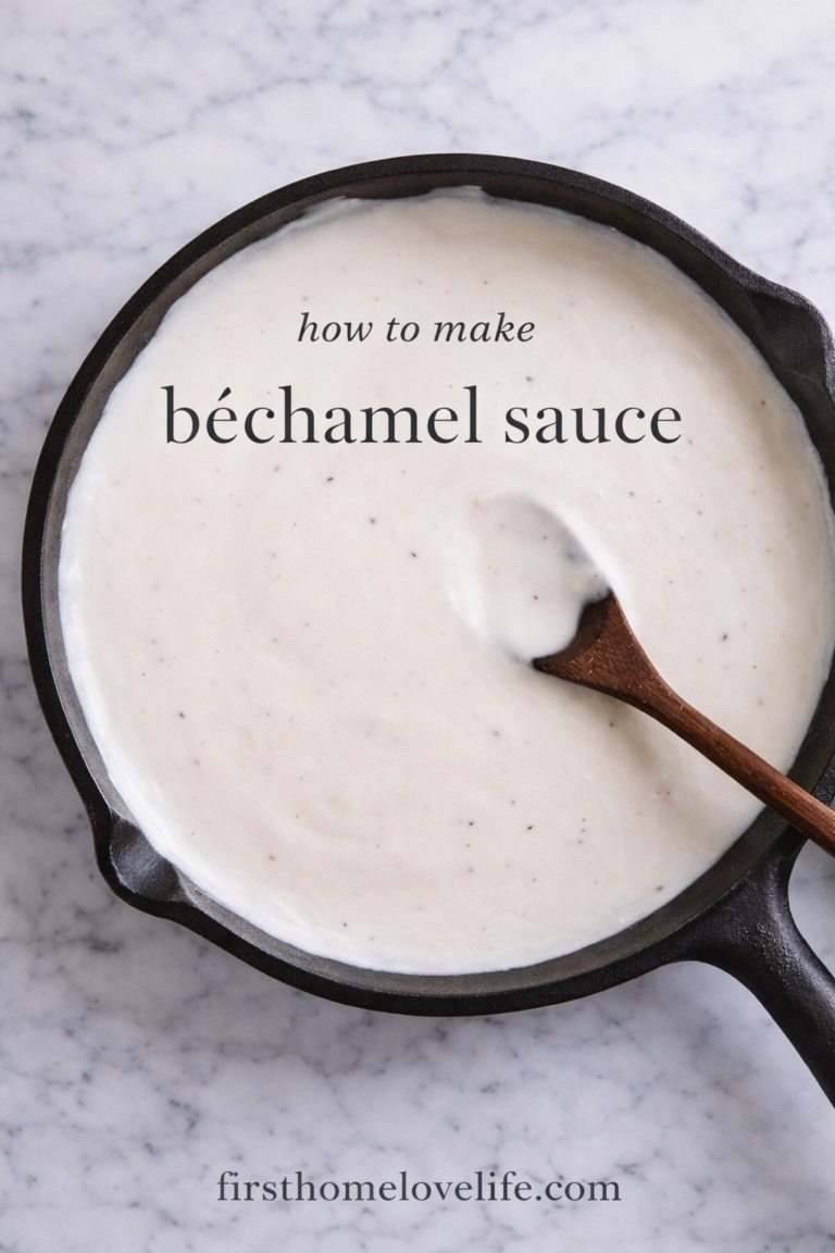 How to make béchamel sauce in a skillet on a marble countertop with a wooden spoon, classic French white sauce recipe