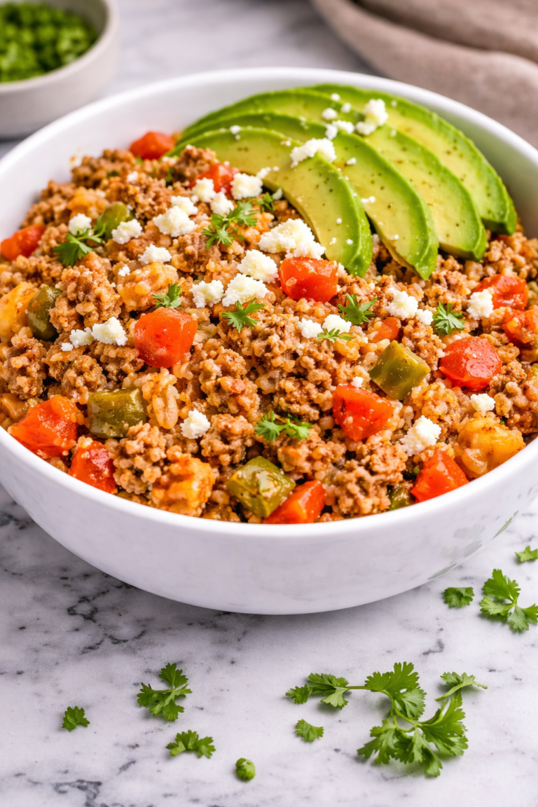 Beefy Spanish rice skillet in a white bowl topped with sliced avocado and crumbled queso fresco on a marble counter