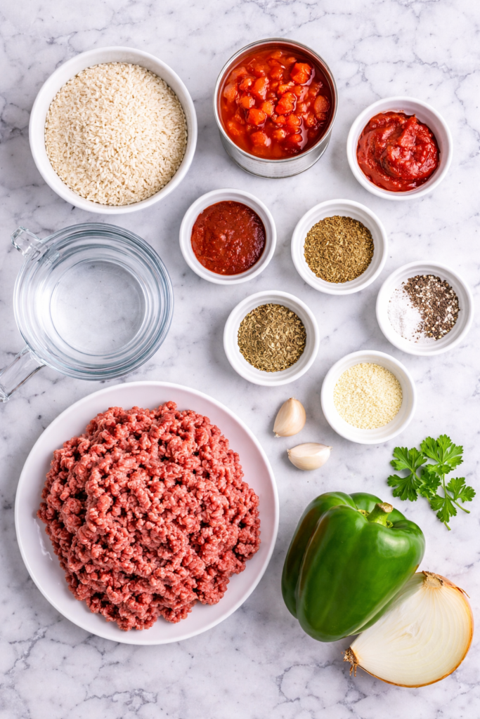 Flat lay of ingredients for beefy Spanish rice skillet including ground beef, rice, stewed tomatoes, onion, green pepper, garlic, spices, and tomato paste on marble counter