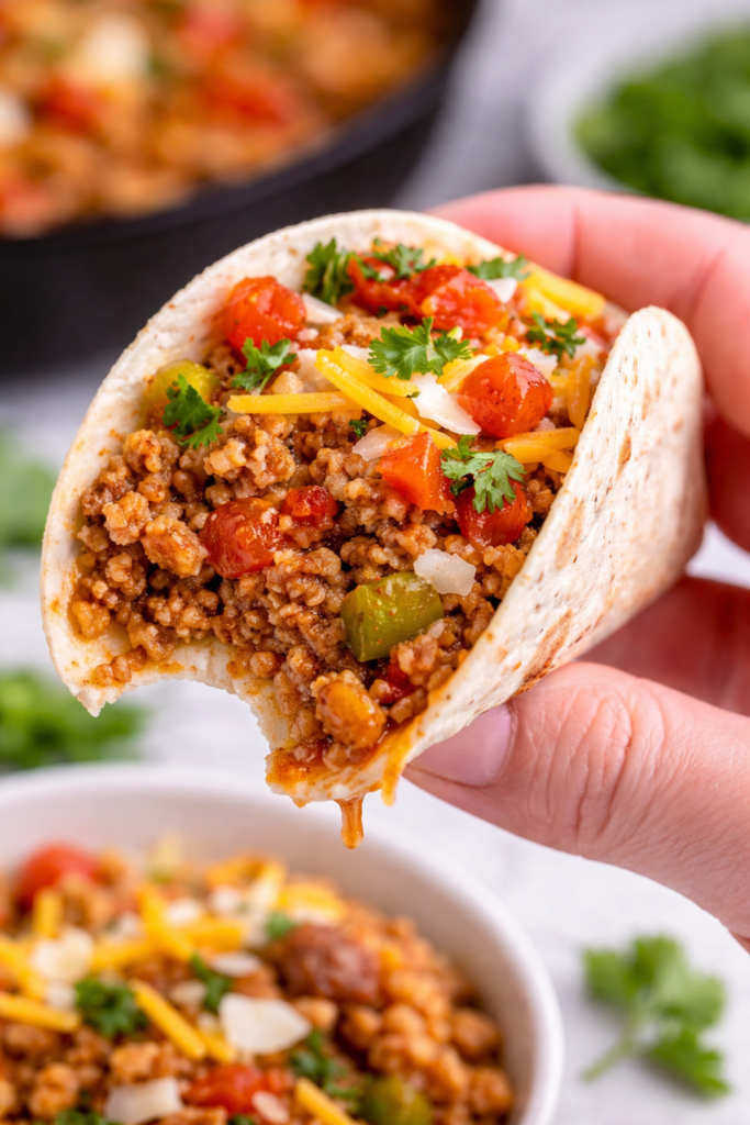 A messy, flavor-packed bite of beefy Spanish rice wrapped in a warm tortilla—juicy, hearty, and impossible to resist