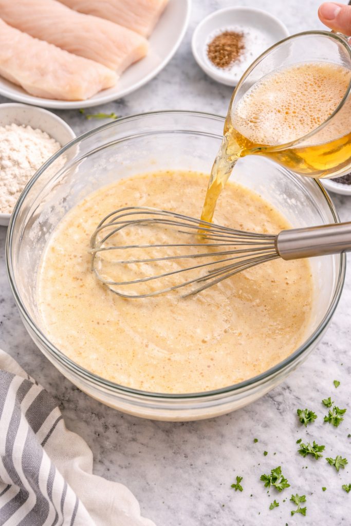 beer being poured into fish fry batter in a glass bowl with whisk on marble countertop