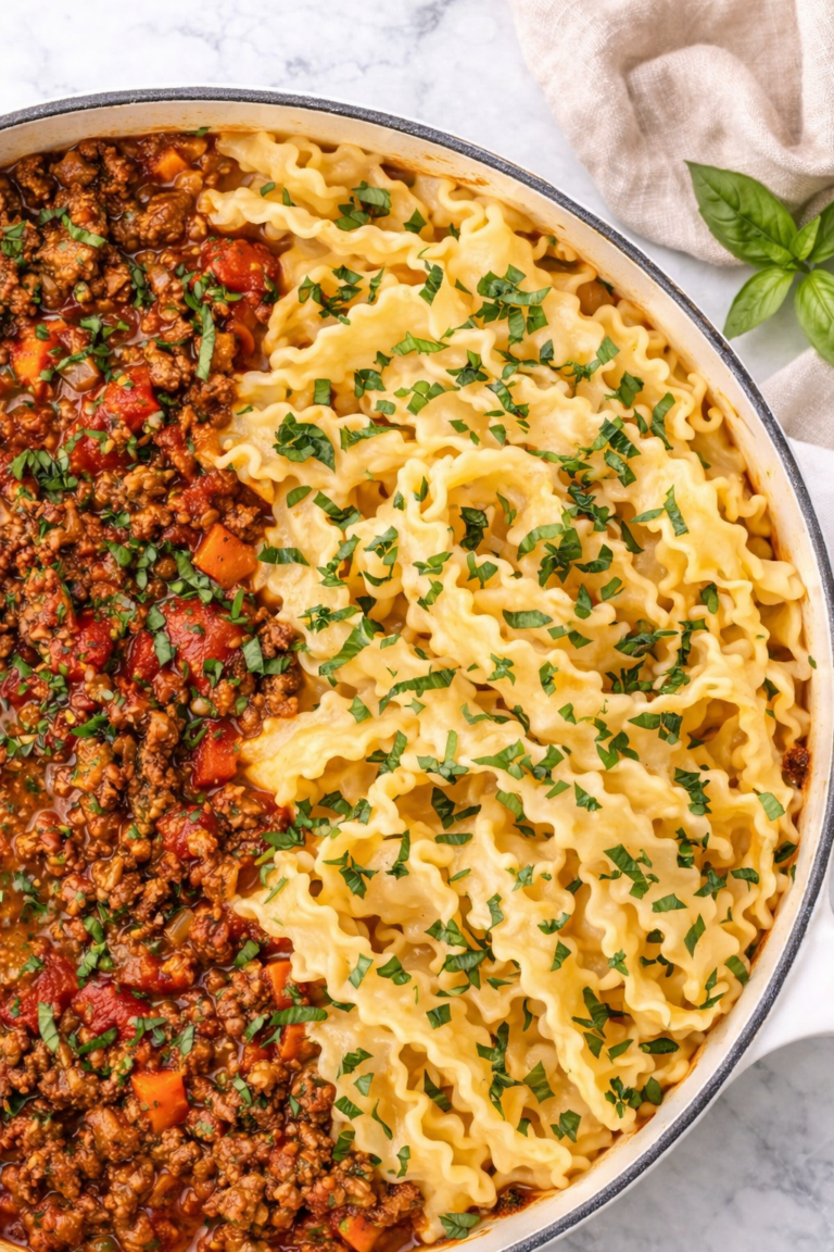 homemade bolognese sauce with mafalde pasta in white enamel skillet on marble countertop