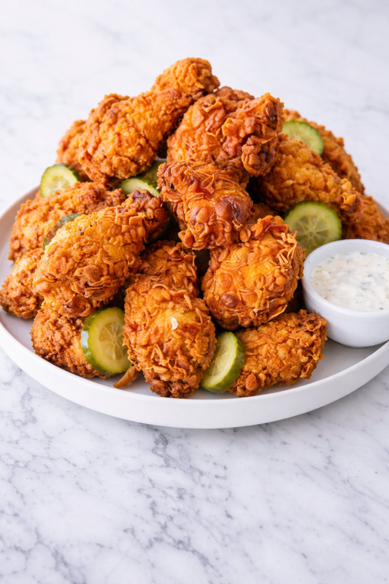 Crispy fried chicken piled on a white platter with sliced pickles and ranch