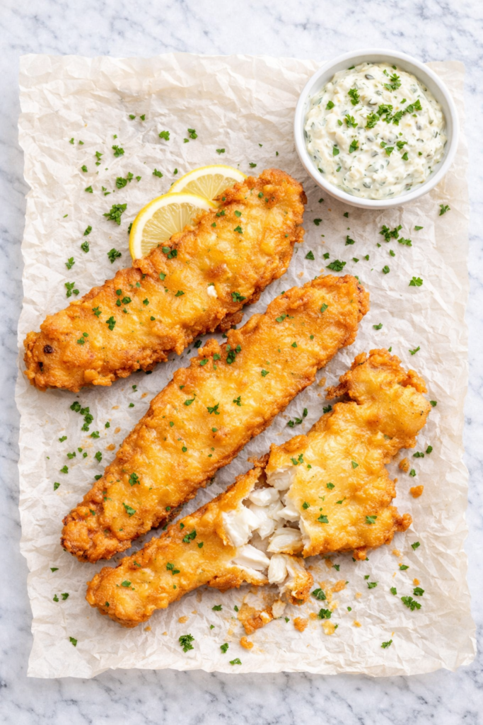 crispy beer battered fish fry on wrinkled parchment paper with homemade tartar sauce and lemon slices