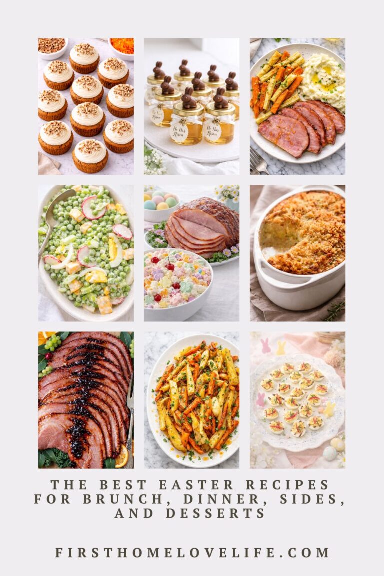 Collage of Easter recipes including carrot cake cupcakes, Easter desserts, glazed ham, casserole, roasted carrots, deviled eggs, and spring side dishes with text that reads The Best Easter Recipes for Brunch, Dinner, Sides, and Desserts