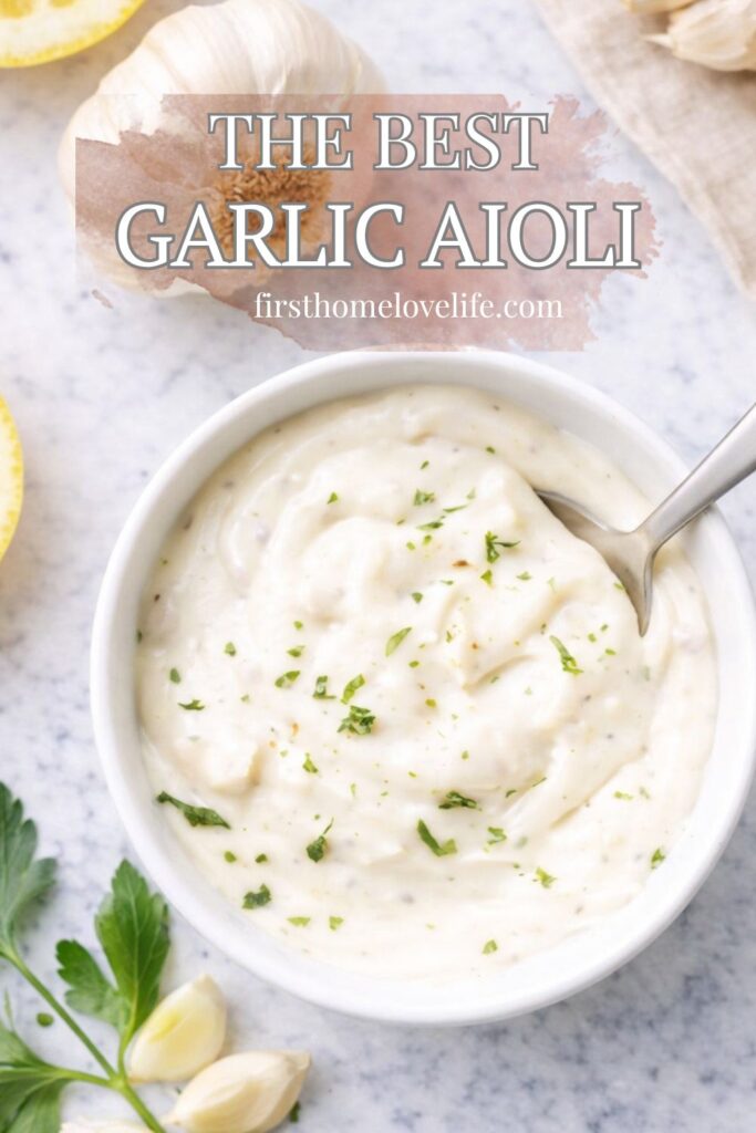 Creamy garlic aioli in a white bowl on a marble countertop with fresh garlic cloves and parsley