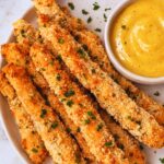 crispy homemade chicken fries with honey mustard dipping sauce on a white plate