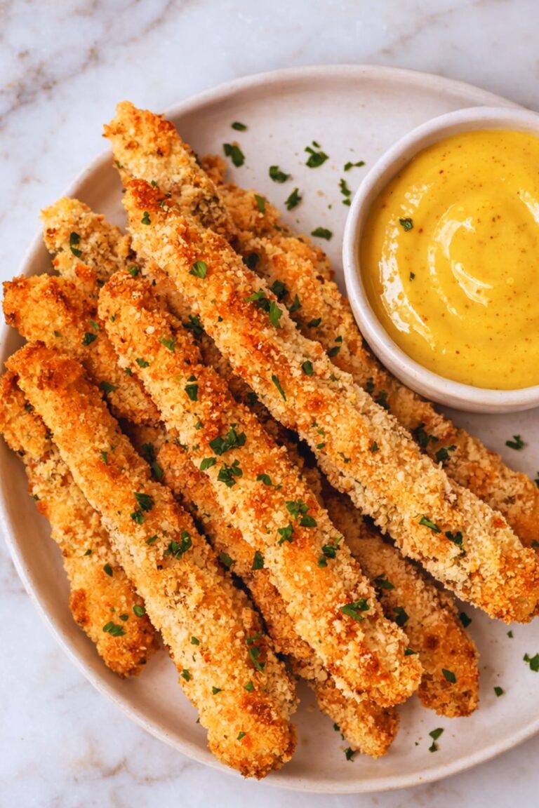 crispy homemade chicken fries with honey mustard dipping sauce on a white plate