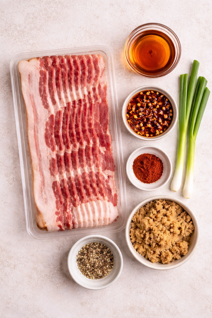 flat lay of ingredients for asian garlic chili oil billion dollar bacon including bacon brown sugar maple syrup chili oil scallions and spices