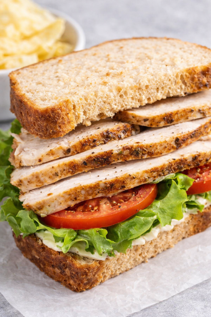Sliced bistro butter turkey breast layered into a fresh homemade sandwich.