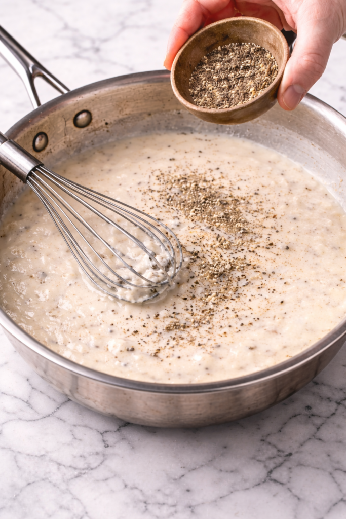 Close up of black pepper being added to homemade country gravy in a stainless steel skillet on a marble countertop.