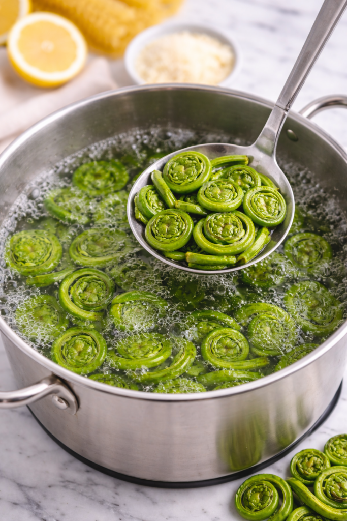 fiddlehead ferns blanching in boiling water in stainless steel pot