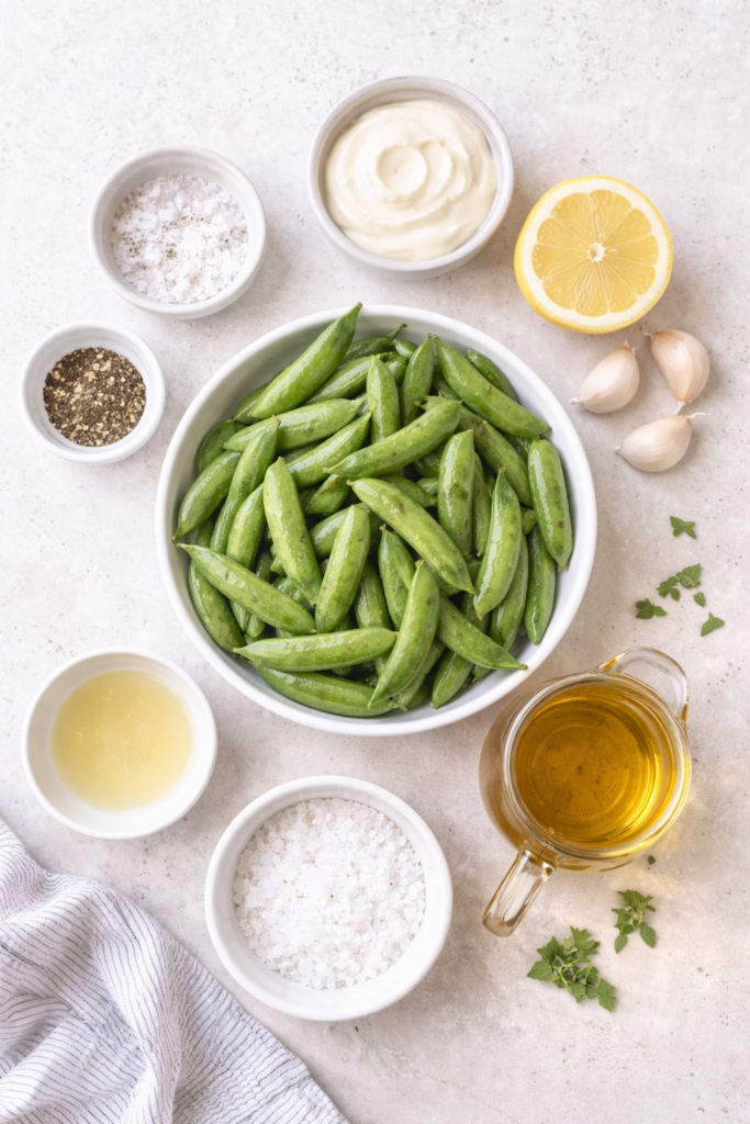 Flat lay of ingredients for blistered snap peas with garlic aioli including snap peas, lemon, garlic, olive oil, mayonnaise, salt, and pepper