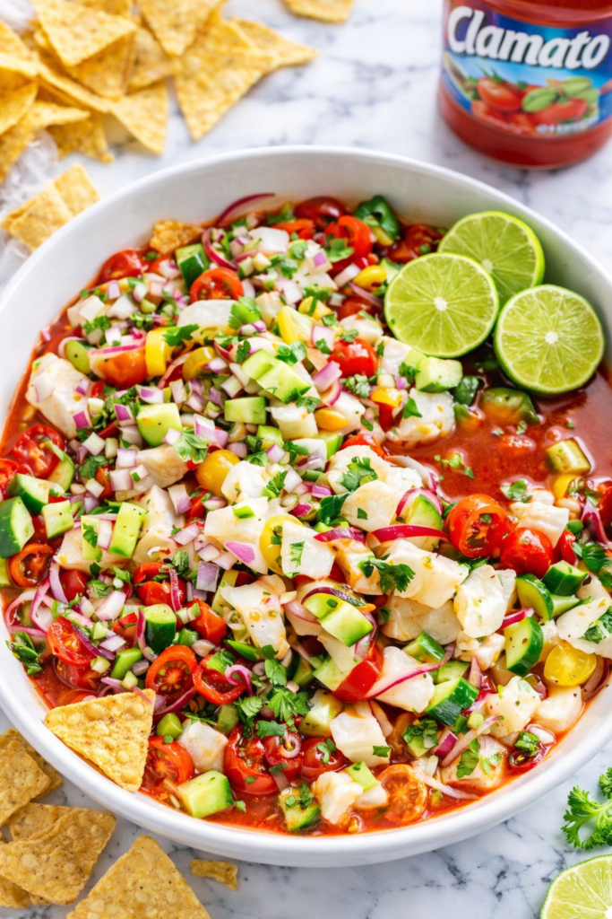 Bloody Mary ceviche with white fish, diced red onion, cucumber, tomatoes, Clamato juice, lime, and tortilla chips