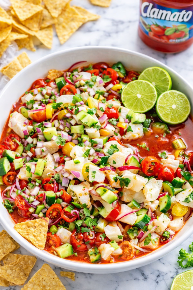 Bloody Mary ceviche with white fish, diced red onion, cucumber, tomatoes, Clamato juice, lime, and tortilla chips