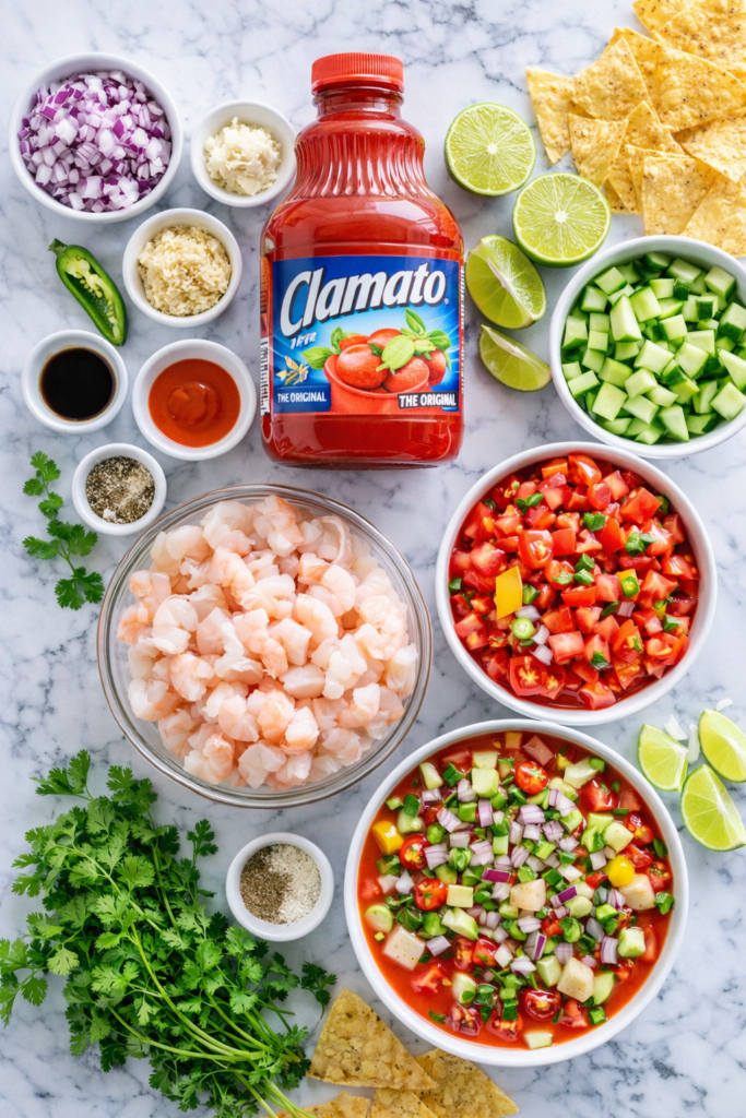 Bloody Mary ceviche ingredients including shrimp, diced fish, Clamato juice, horseradish, lime, cucumber, tomatoes, red onion, cilantro, and tortilla chips