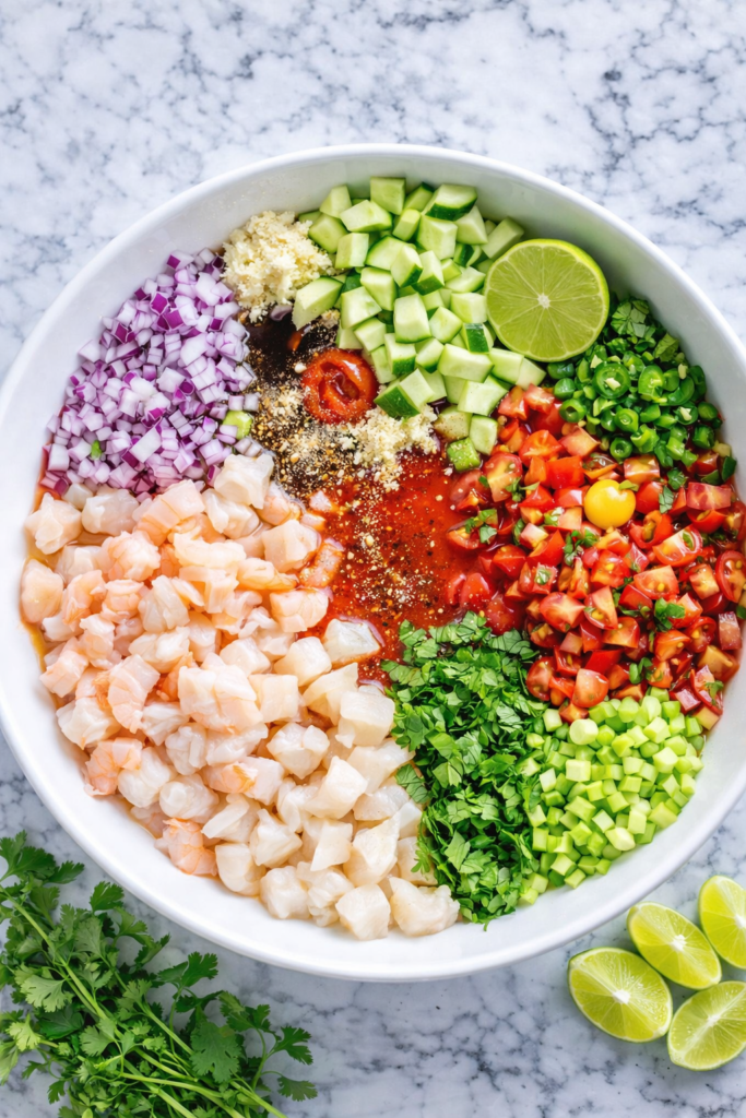 : Ingredients for Bloody Mary ceviche in a bowl before mixing including shrimp, white fish, diced red onion, cucumber, tomatoes, jalapeño, cilantro, lime, and Clamato sauce