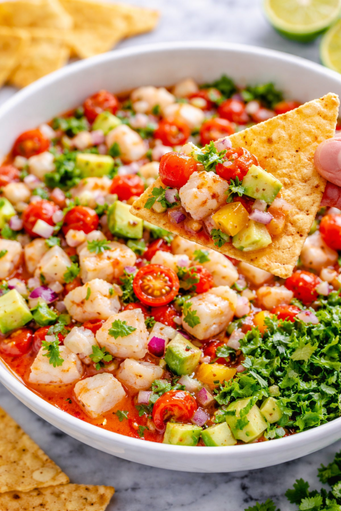 Tortilla chip scooping Bloody Mary ceviche with shrimp, white fish, avocado, tomatoes, red onion, and Clamato sauce