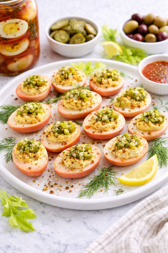 Bloody Mary pickled egg deviled eggs on a white tray topped with chopped dill pickles and fresh dill
