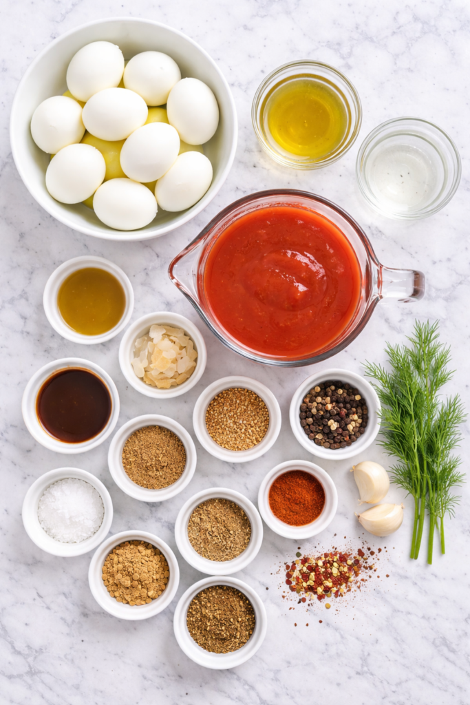 Flat lay of ingredients for Bloody Mary pickled eggs on a white marble counter with eggs, tomato juice, vinegar, pickle juice, spices, garlic, and dill