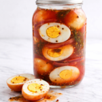 Bloody Mary pickled eggs in a mason jar on a white marble counter with halved brined eggs and spicy tomato brine