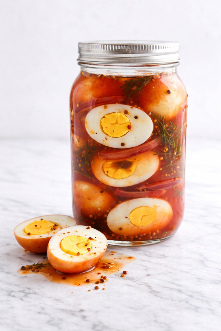 Bloody Mary pickled eggs in a mason jar on a white marble counter with halved brined eggs and spicy tomato brine