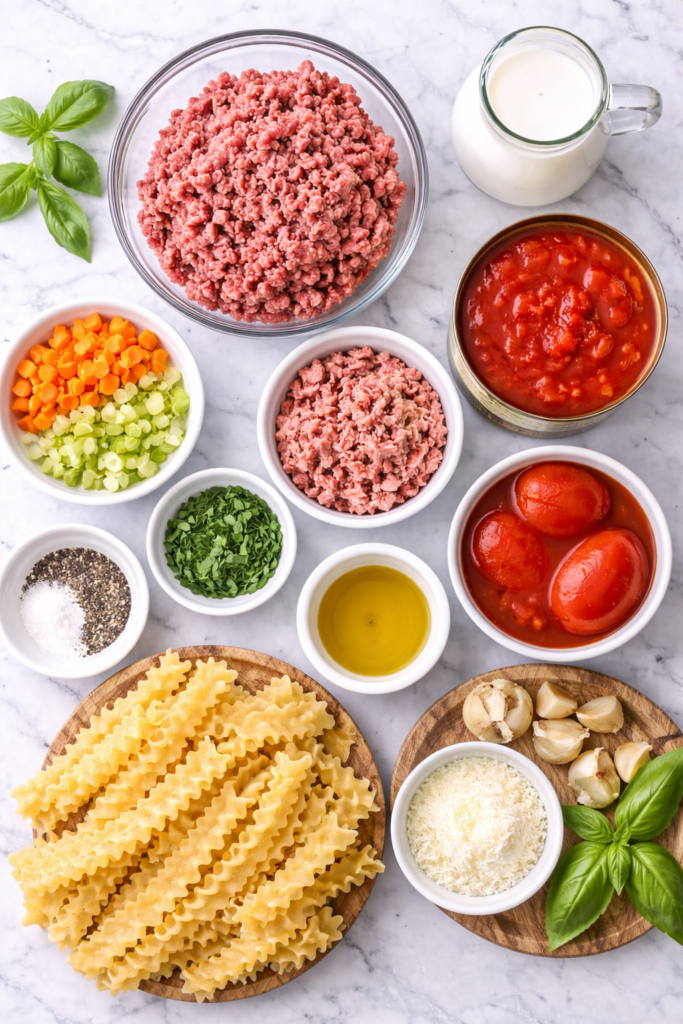 flat lay of ingredients for homemade bolognese sauce including ground beef, pork, tomatoes, onion, carrot, celery, basil, milk, and red wine
