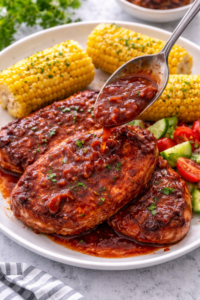 Boneless pork chops on a plate with corn on the cob while rhubarb barbecue sauce is being spooned over the top