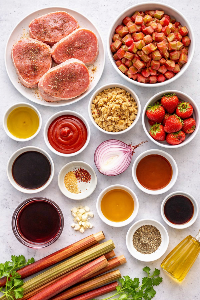 Flat lay of boneless pork chops, rhubarb, strawberries, onion, brown sugar, ketchup, red wine, bourbon, soy sauce, honey, and seasonings on a light surface