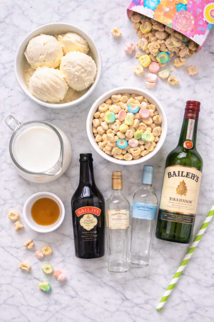 Flat lay of ingredients for a boozy Lucky Charms milkshake including vanilla ice cream, milk, cereal, Irish cream liqueur, and vodka on a marble countertop