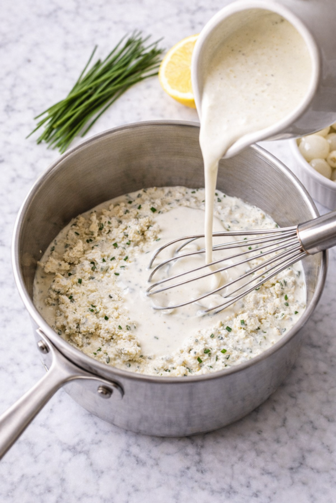 Creamy Boursin herb sauce being whisked in a saucepan with heavy cream on a light marble countertop.