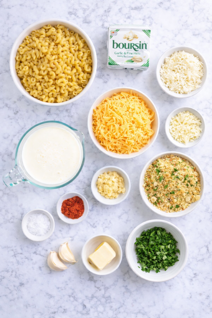 flat lay of ingredients for Boursin mac and cheese including pasta, garlic herb Boursin cheese, cheddar, parmesan, cream, garlic, and butter on a marble countertop