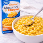 boxed macaroni and cheese with great value mac and cheese box and bowl of creamy macaroni with spoon