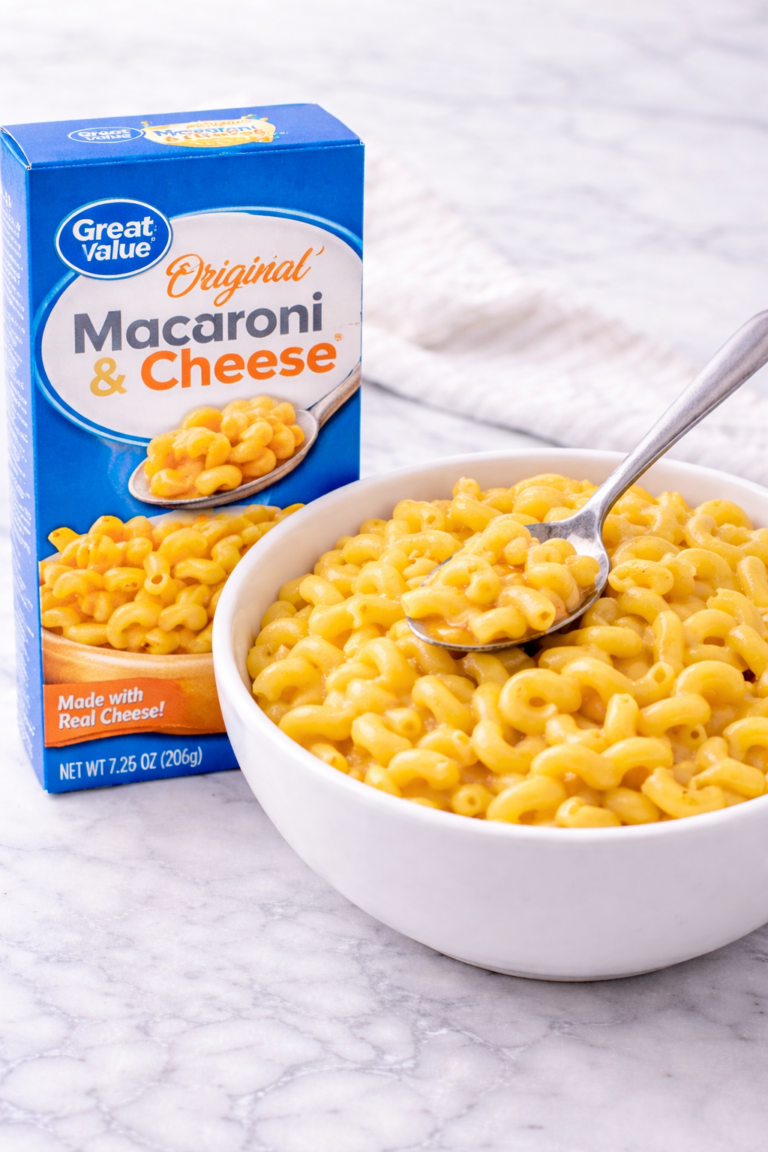 boxed macaroni and cheese with great value mac and cheese box and bowl of creamy macaroni with spoon