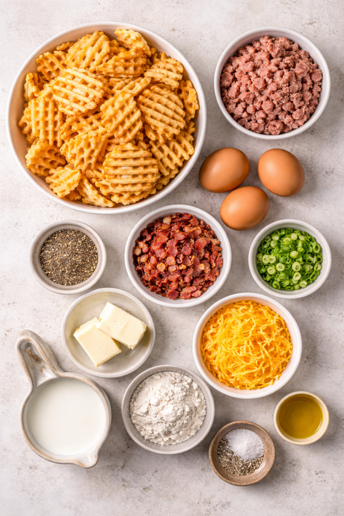 Flat lay of ingredients for breakfast loaded waffle fries including frozen waffle fries, breakfast sausage, bacon bits, eggs, milk, flour, butter, shredded cheddar, green onions, black pepper, and salt on a light marble surface.