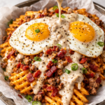 Breakfast loaded waffle fries topped with crumbled sausage, crispy bacon bits, black pepper country gravy being drizzled on top, and sunny side up fried eggs on a parchment lined platter.