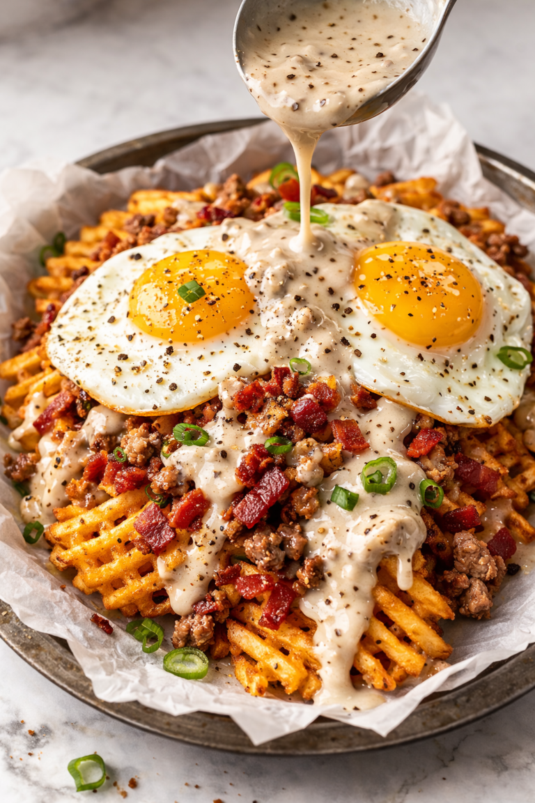 Breakfast loaded waffle fries topped with crumbled sausage, crispy bacon bits, black pepper country gravy being drizzled on top, and sunny side up fried eggs on a parchment lined platter.