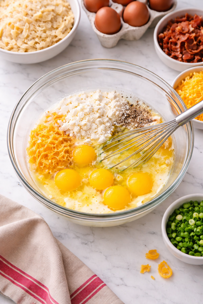 mixing eggs milk cottage cheese and shredded cheese in a bowl for breakfast pie on marble counter