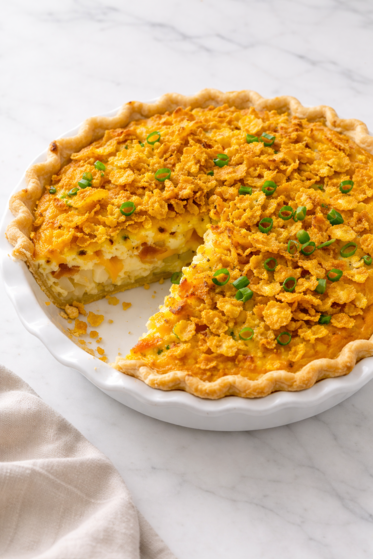 slice of breakfast pie with hash browns bacon eggs and crunchy cornflake topping in a white pie dish on marble counter