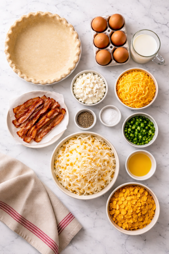 flat lay of breakfast pie ingredients including eggs bacon hash browns cheese cottage cheese and cornflakes on marble counter