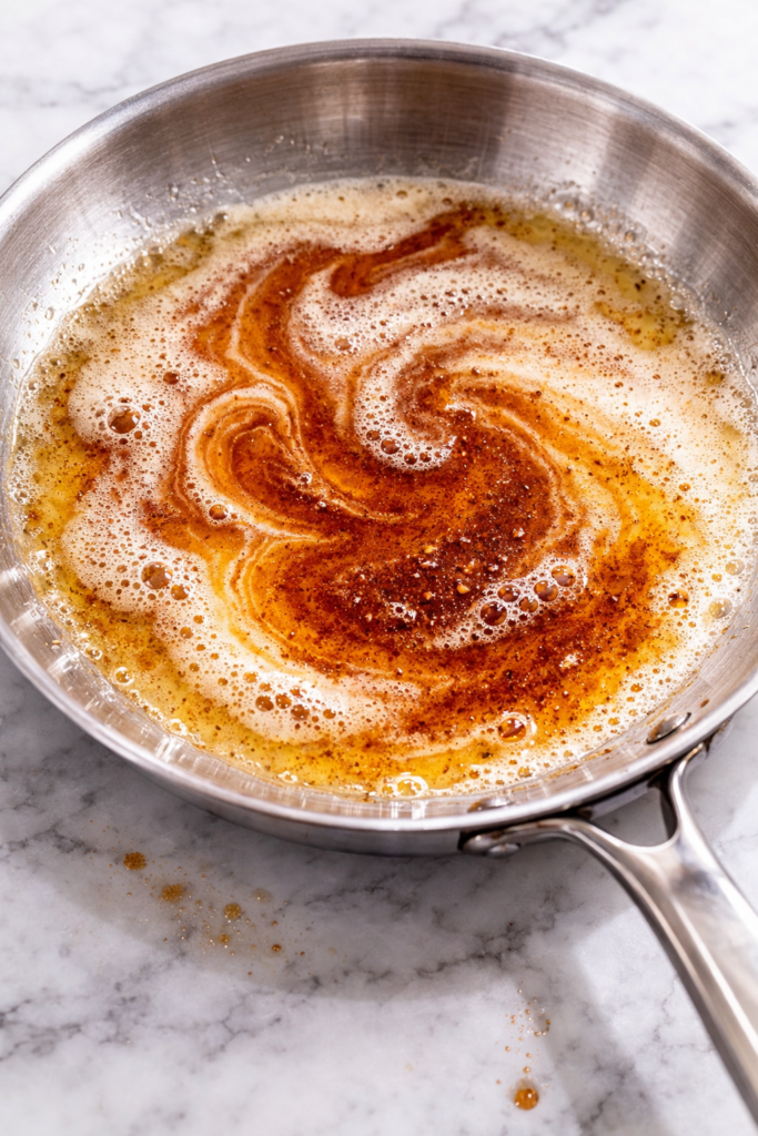 brown butter cooking in stainless steel skillet with golden foam and toasted milk solids