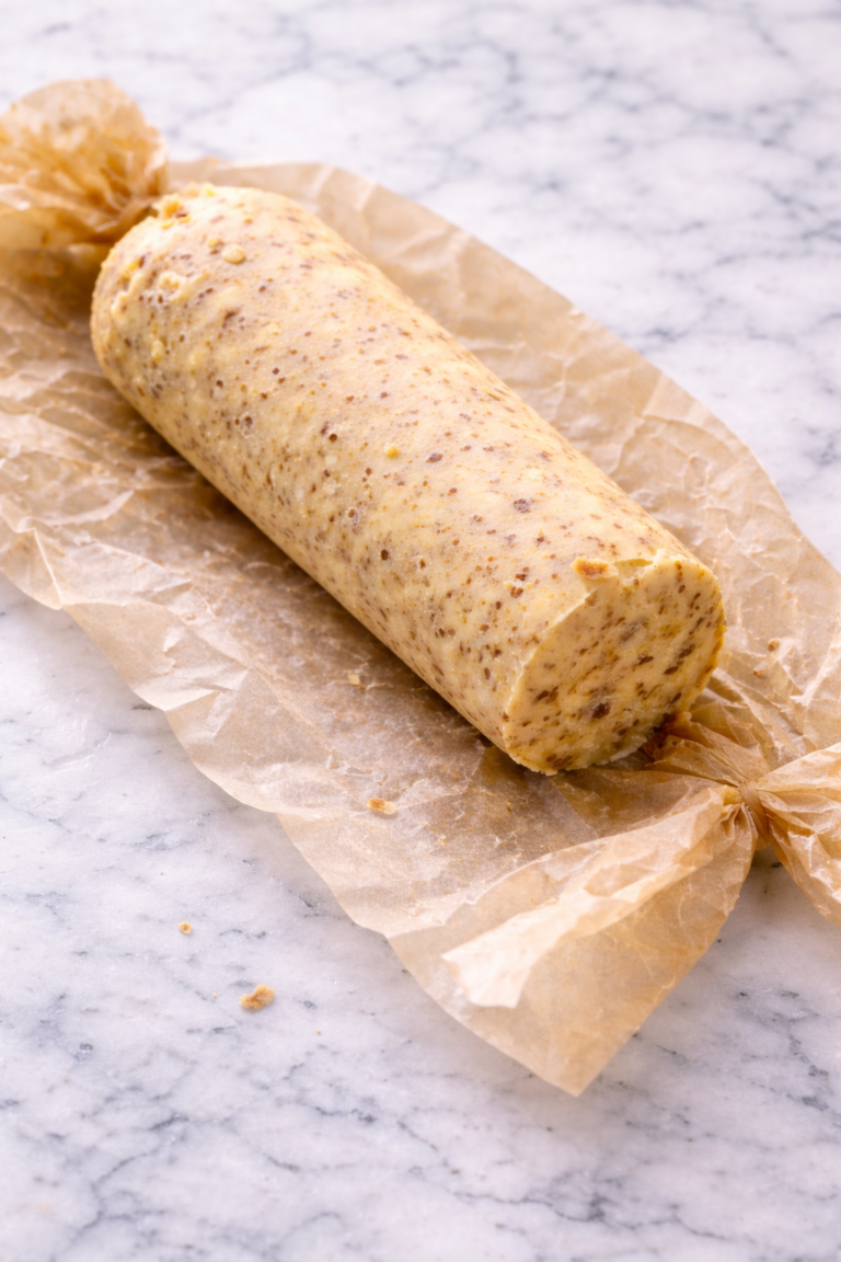 log of homemade brown butter wrapped in parchment paper on marble countertop