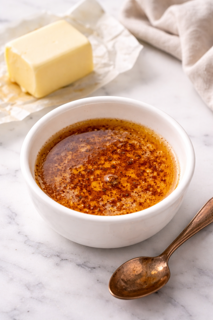 small bowl of homemade brown butter with toasted milk solids on marble counter