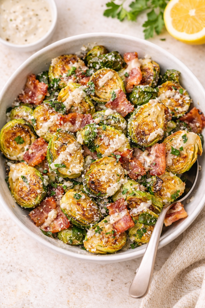 Roasted Brussels sprouts with bacon tossed in Caesar dressing and Parmesan cheese in a white serving bowl