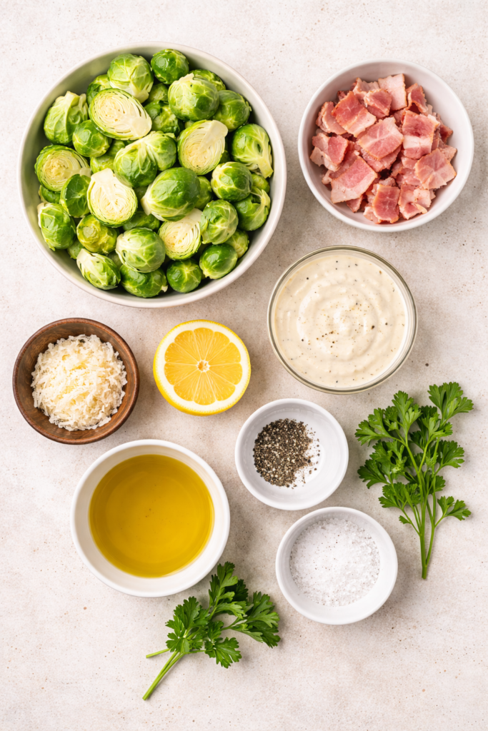 Flat lay of ingredients for crispy Brussels sprouts with bacon and Caesar dressing on marble surface