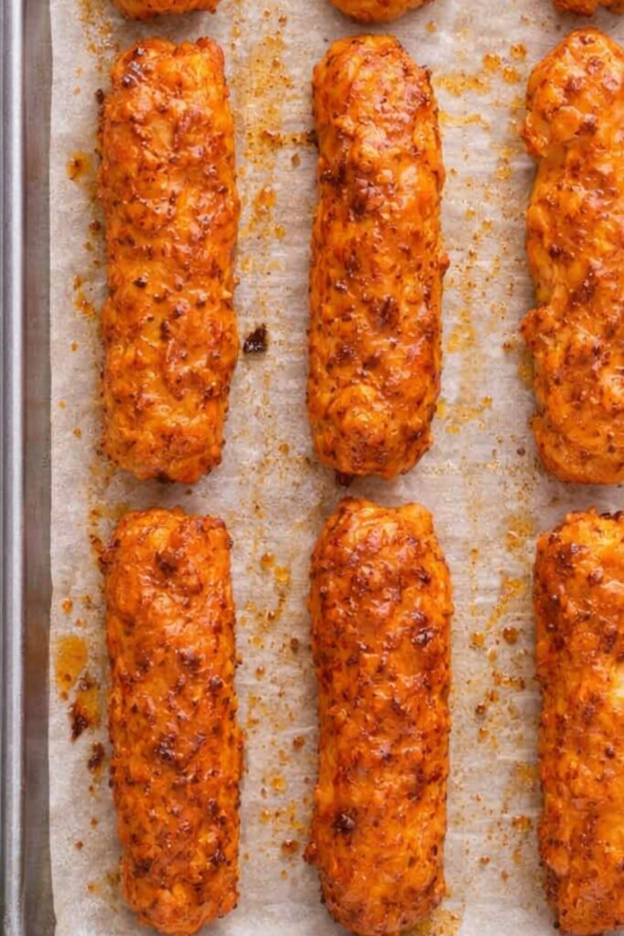 Buffalo chicken rollers baked on a parchment lined sheet pan with caramelized buffalo sauce