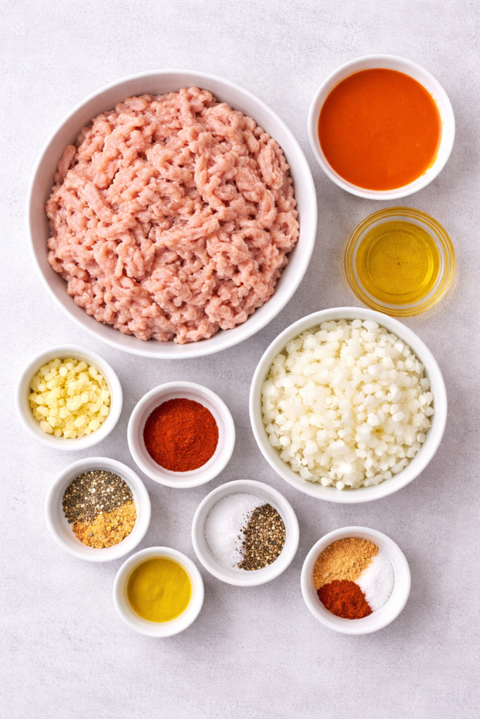 Flat lay of ingredients for buffalo chicken rollers including ground chicken, buffalo sauce, diced onion, garlic, olive oil, and spices in white bowls
