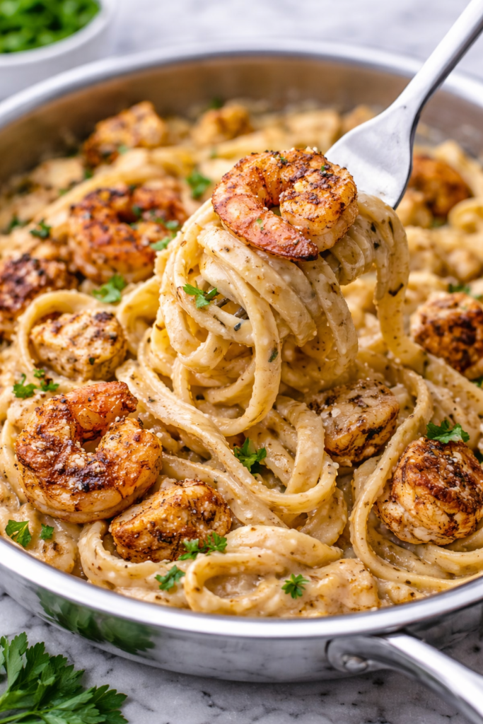 Fork twirling creamy Cajun cottage cheese Alfredo pasta with blackened shrimp and chicken in a stainless skillet on marble countertop