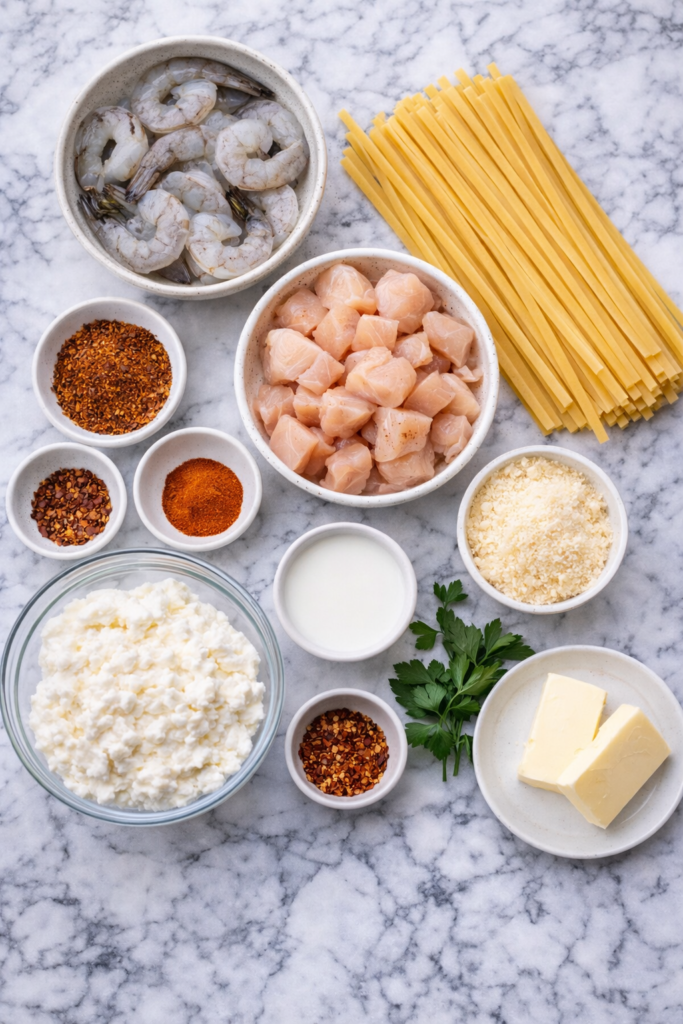 Flat lay of ingredients for Cajun cottage cheese Alfredo including shrimp, chicken, pasta, cottage cheese, Parmesan, Cajun seasoning, butter, milk, and parsley on a marble countertop